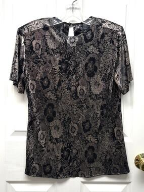 Notations Blouse Vintage Floral Textured Shimmer Size M Crew Neck Sheer Back